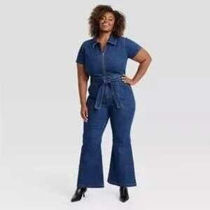 NWOT Ava & Viv Denim Wide Flare Leg Jumpsuit Size 16 Comfy Stretch